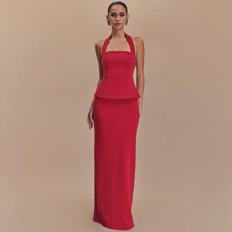 חליפת שני חלקים מחויטת טופ גב פתוח וחצאית מקסי - הלני