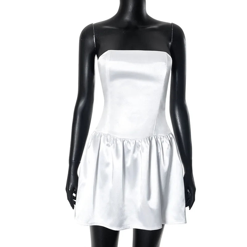 שמלת מיני סטרפלס סאטן קשירות בגב - מילי