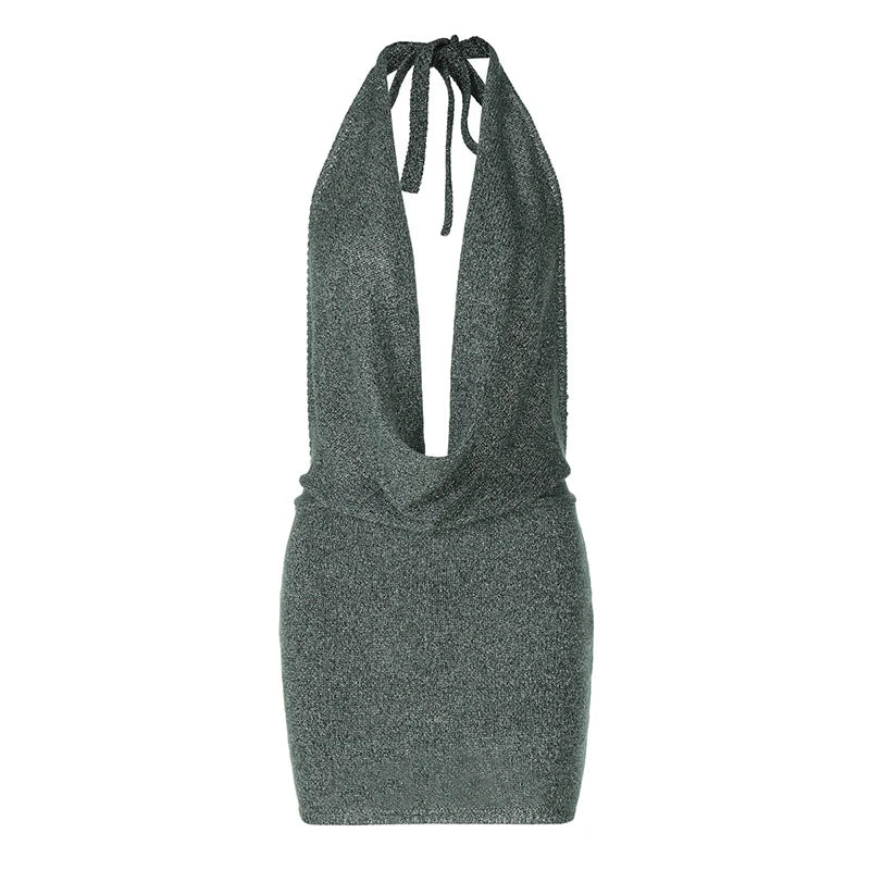 שמלת מיני סרוגה נצנצים צווארון נופל גב פתוח - קסם