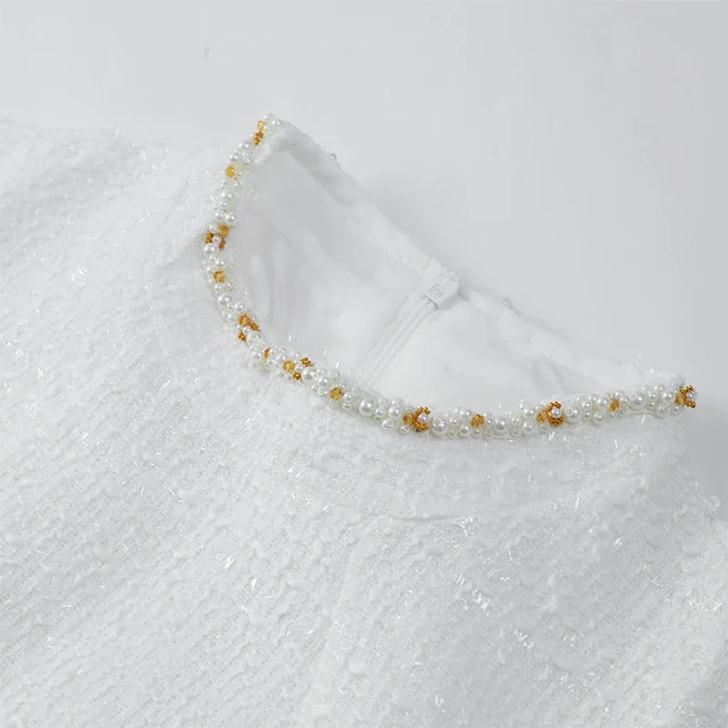 שמלת מיני אלגנטית שרוול קצר/ארוך סגנון מחויט בד ארוג בעיטור נצנצים ופנינים - Lucia