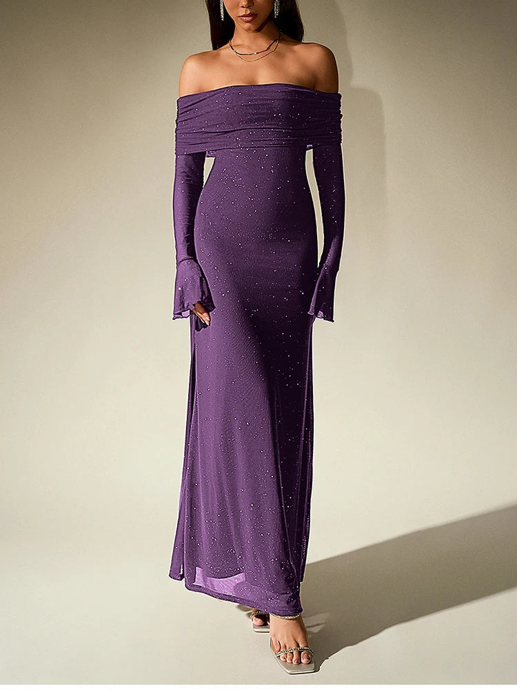 שמלת מקסי נצנצים בעיצוב כתפיים חשופות שרוולי פעמון - מרגריטה