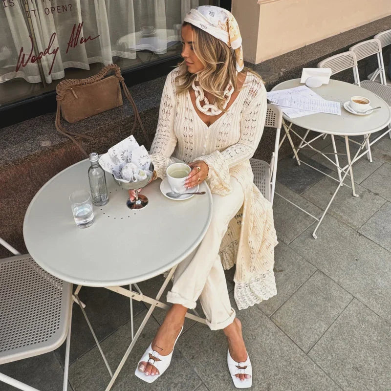 שמלת / עליונית מקסי קרושה סרוגה סגירת כפתורים - דוון