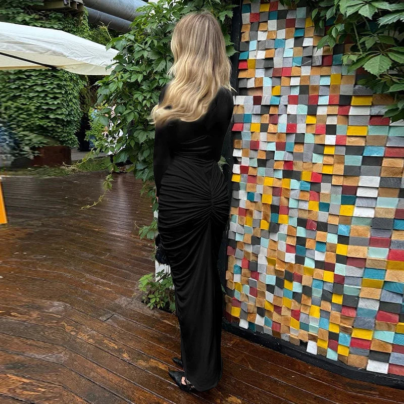 שמלת מקסי כיווצים צווארון גולף בעיטור שסע - Brianna