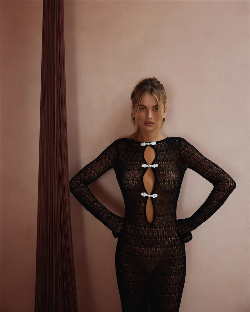 שמלת מקסי חוף סרוגה בעיטור סיכות בעיטור קשירה בגב פתוח - Mikayla