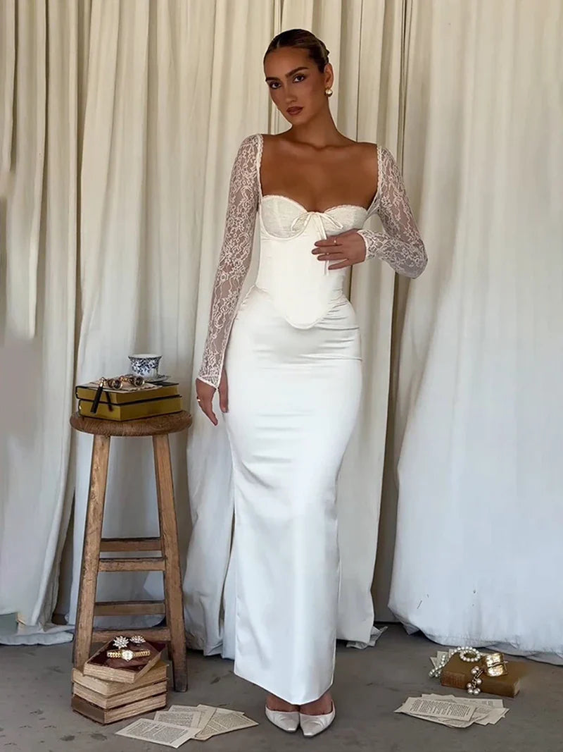 שמלת מקסי סאטן בעיצוב מחוך בעיטור תחרה - ג'ויה