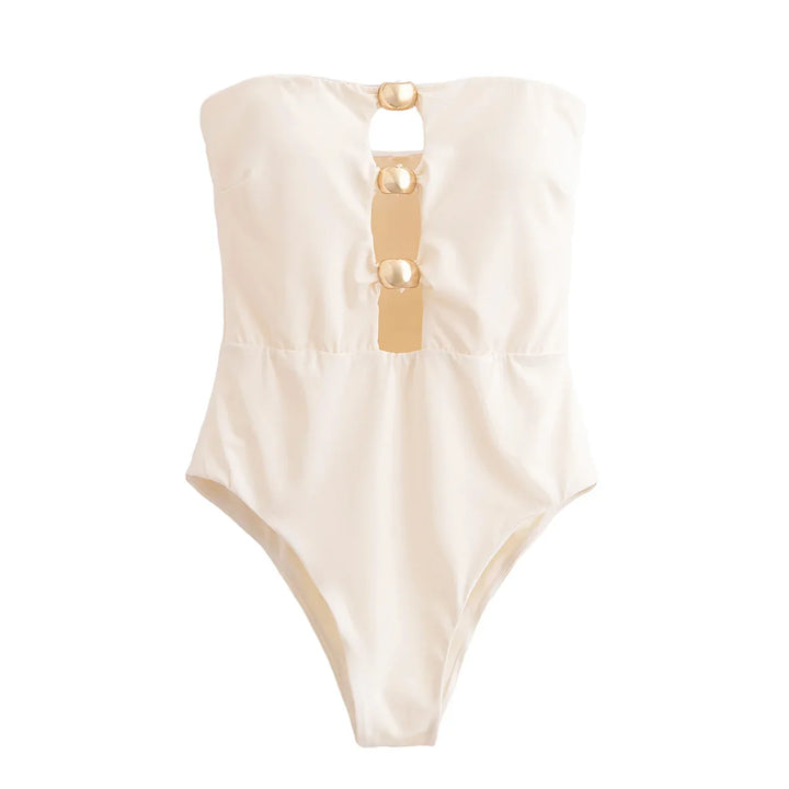 Strapless one-piece swimsuit with gold heart buckles and openings - Choshen 