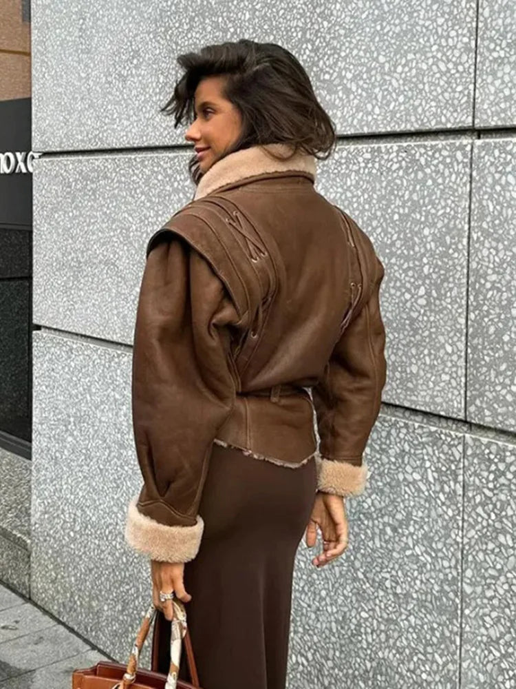 מעיל עור פרווה פנימית בעיצוב קשירת חגורה - מורן