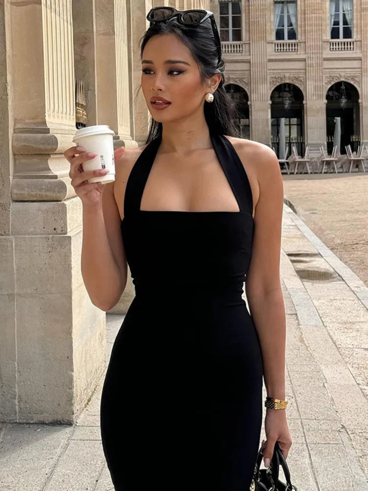 שמלת מידי צמודה בד מחטב גב פתוח - Paislee