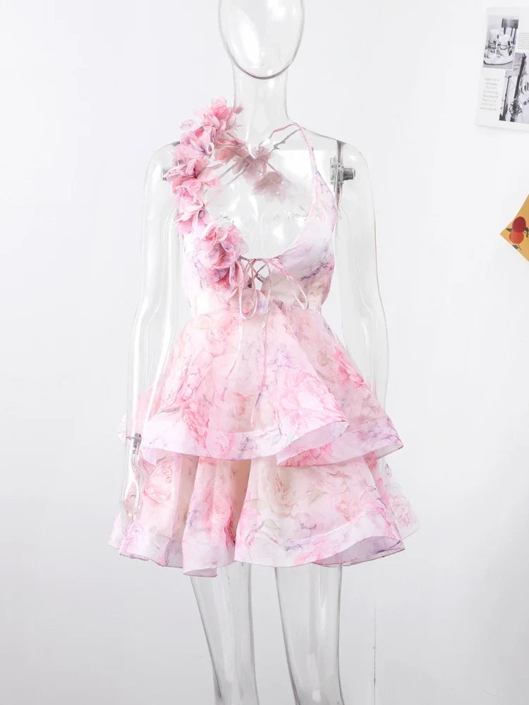 3D Floral Design Tulle Mini Dress - Isabella
