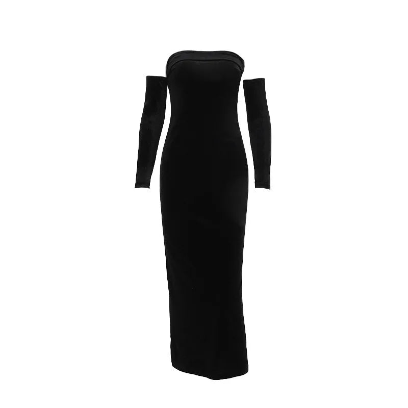 שמלת מקסי סטרפלס קטיפה צמודה  - MICAELLA