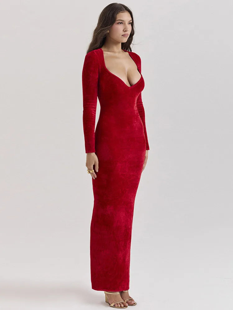 שמלת מקסי קטיפה צמודה - AMOR