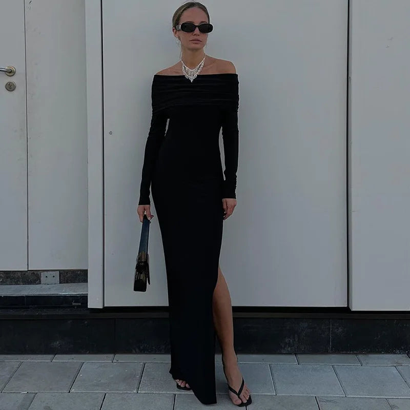 שמלת ערב מקסי בשילוב שסע וכתפיים חשופות - נטעלי