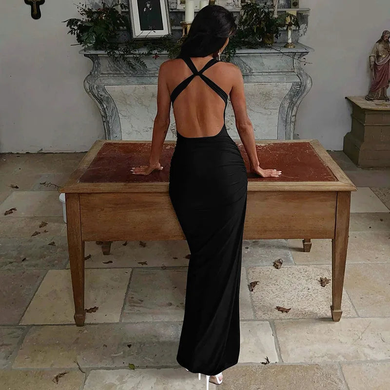 שמלת מקסי גב פתוח בעיטור אבזמים בכתפיות - גרייס