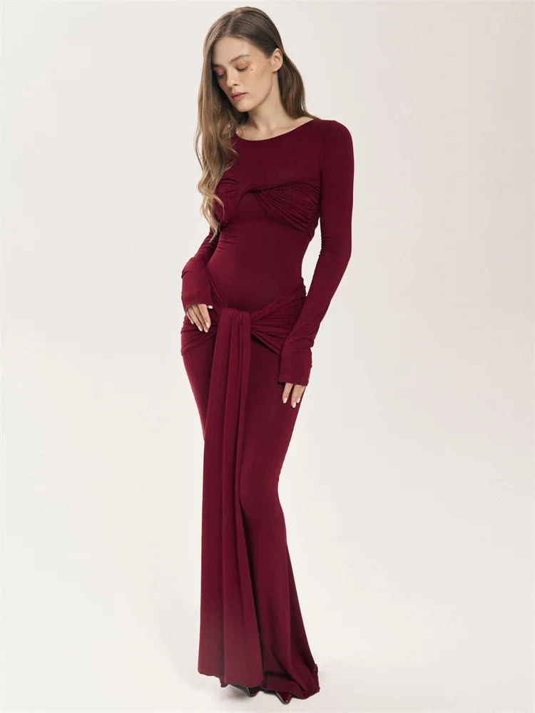 שמלת מקסי צנועה בעיצוב כיווצים וקשירה - נאהב