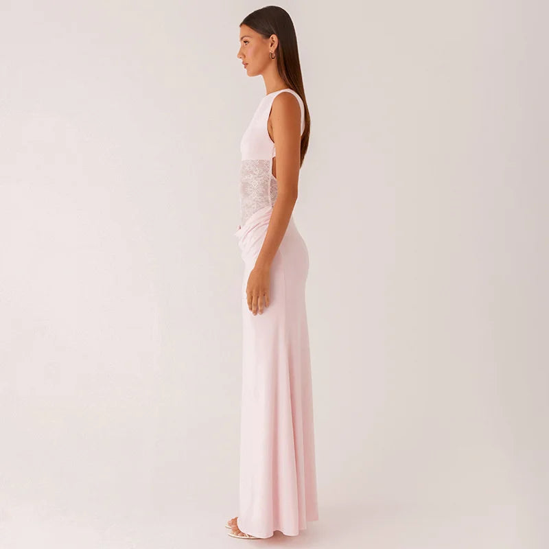 Maxi dress with lace design and open back pleats - Lilin