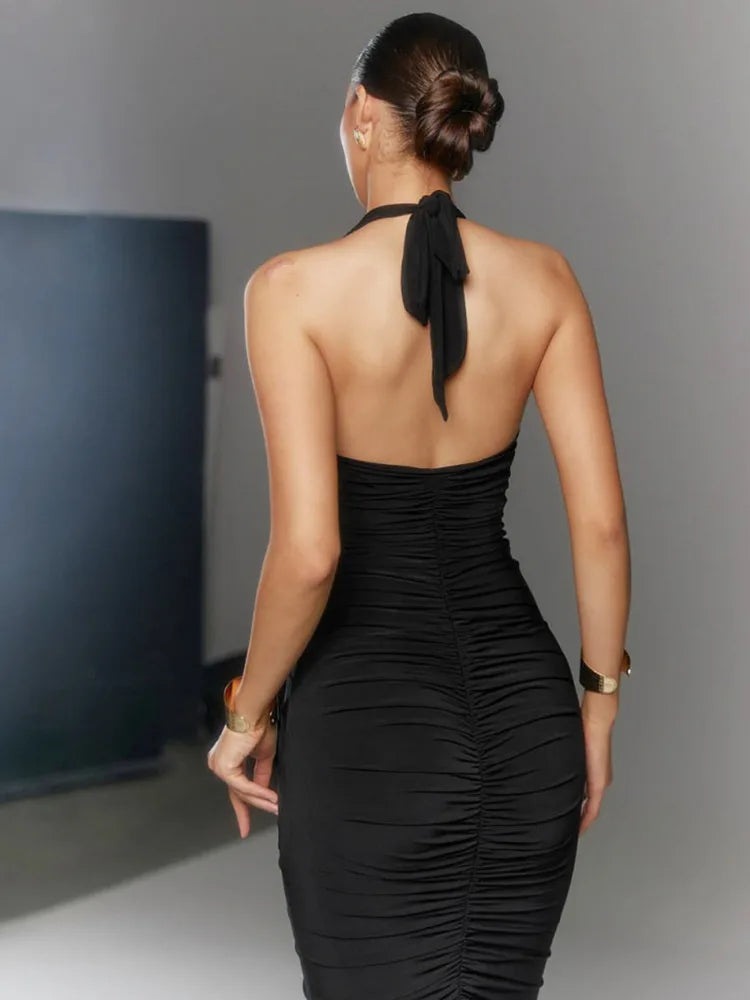 שמלת מקסי כיווצים גב פתוח קשירה בצוואר - לימה