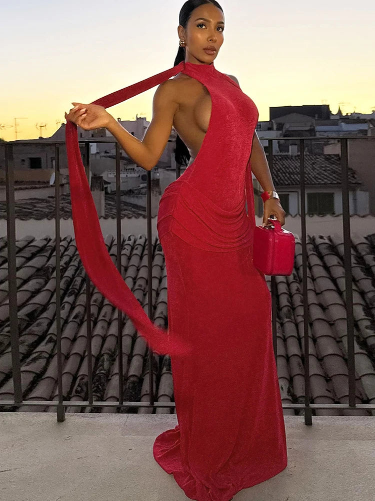 Open-back velvet maxi dress with pleats - Ciara