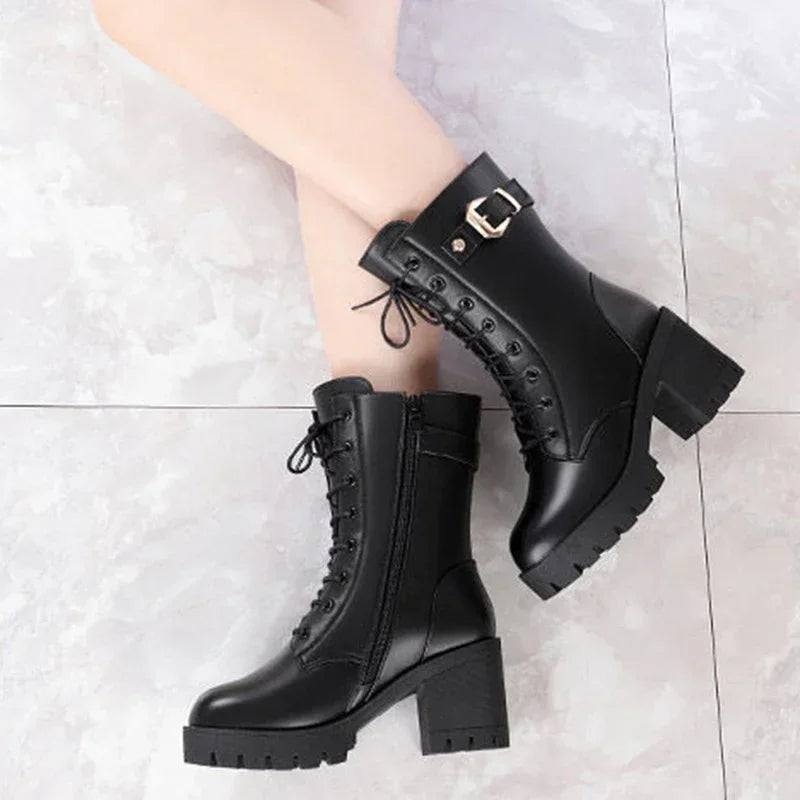 Faux leather heeled boots with fur lining - Cassandra