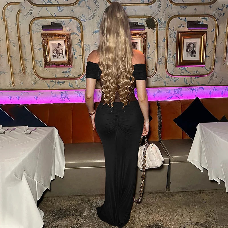 שמלת מקסי כיווצים כתפיים חשופות בעיצוב רשת - רונה