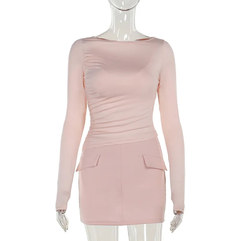 סט 3 חלקים חצאית מיני חולצה וגוזייה צמוד בעיטור כיסים - פרל