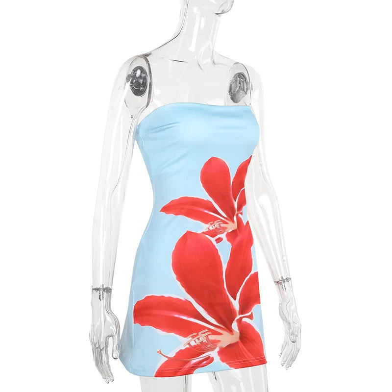 שמלת מיני סטרפלס בעיטור הדפס פרחים - שי לי