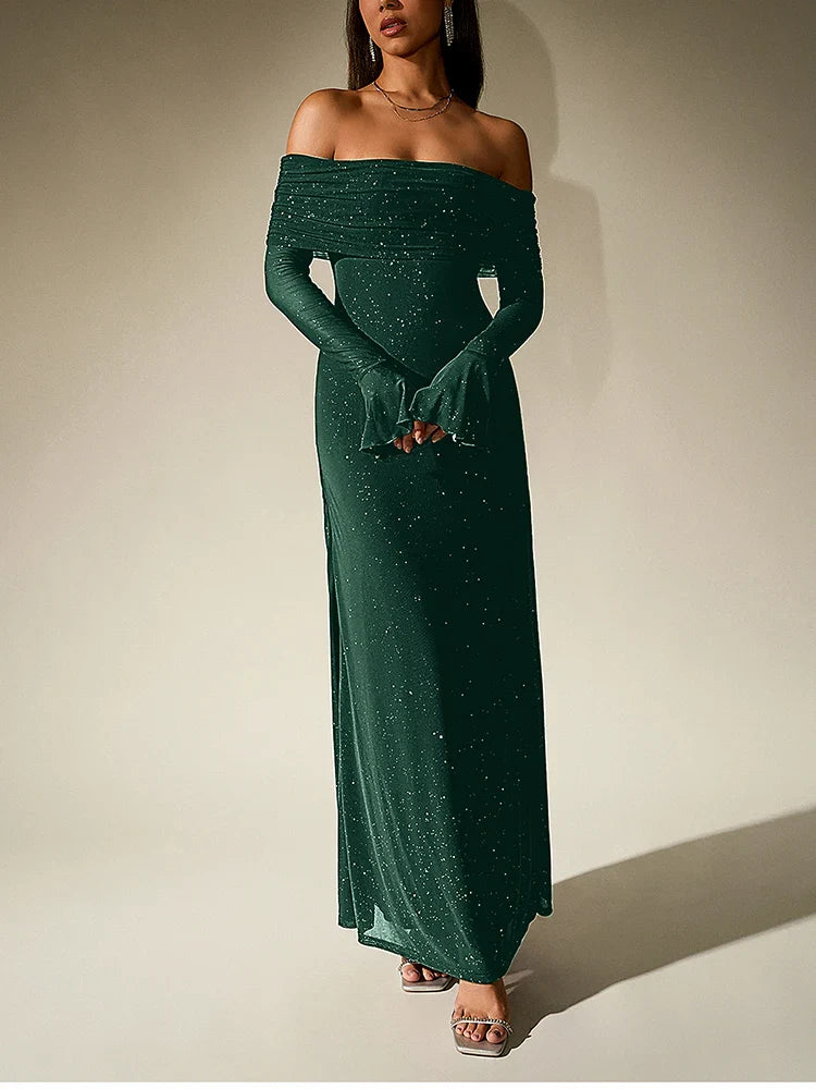 שמלת מקסי נצנצים בעיצוב כתפיים חשופות שרוולי פעמון - מרגריטה