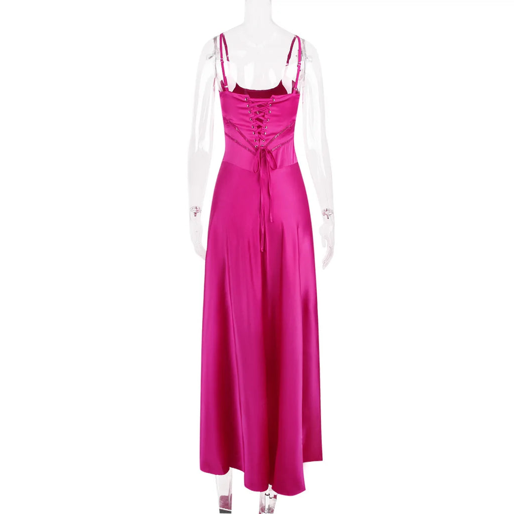 שמלת מקסי סאטן קשירה בגב להצמדה במותן - Lilia