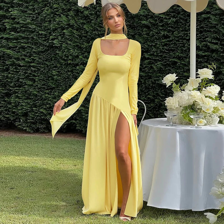 Elegant maxi dress with a slit design and a scarf decoration - RONA LI