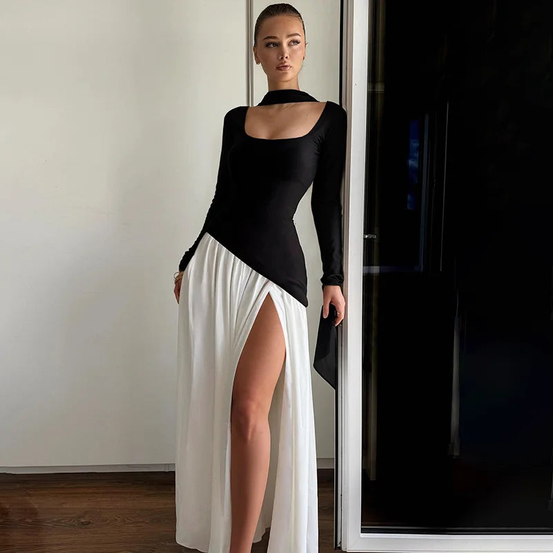 Elegant maxi dress with a slit design and a scarf decoration - RONA LI