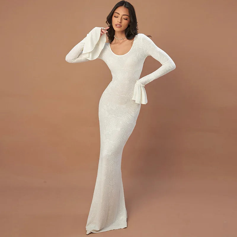 שמלת מקסי בעיטור רקמת פרחים שרוולי פעמון - הלן