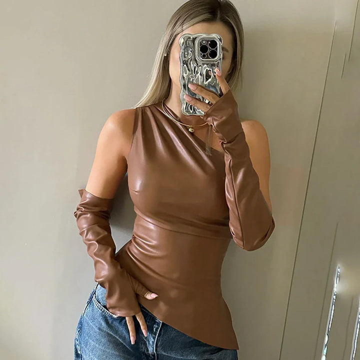 One-shoulder faux leather top with matching gloves - Sol