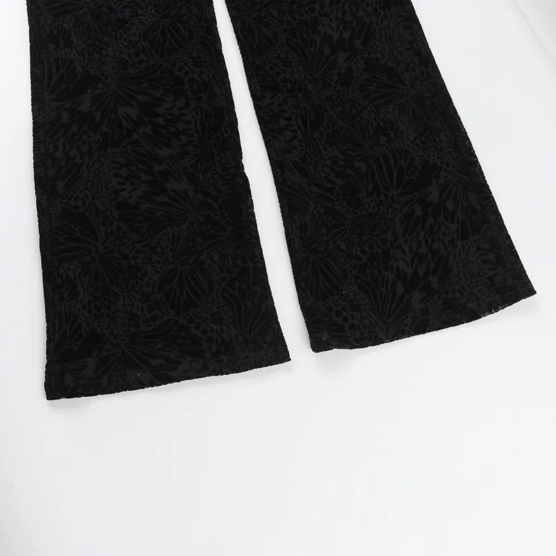 אוברול סטרפלס רשת בעיצוב קטיפה מנומרת בעיטור אבזם חישוק - בלאק לונה