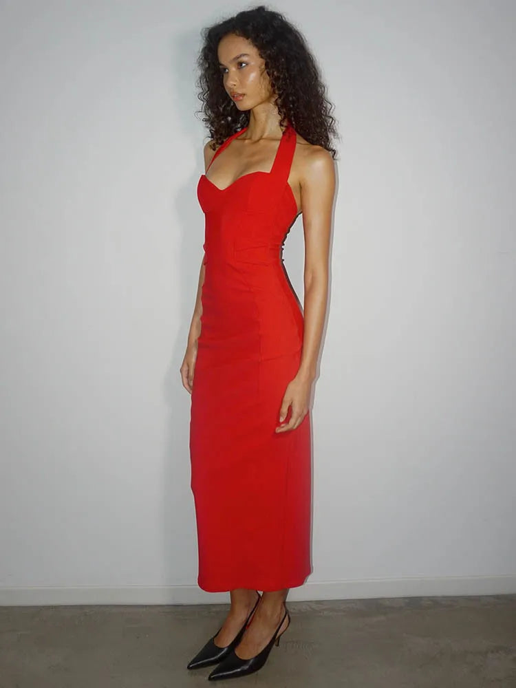 שמלת מקסי צמודה גב פתוח בד מחטב - רונית