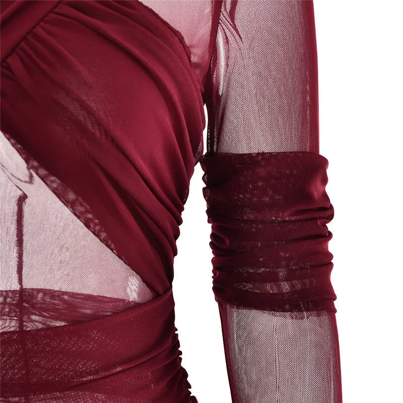 שמלת מקסי רשת בעיצוב כיווצים - גוון