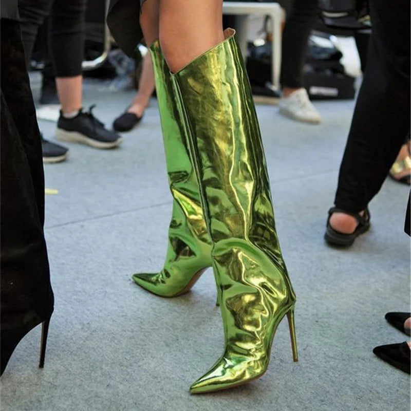 High-heeled pointed-toe boots in shiny leather design - Sloane