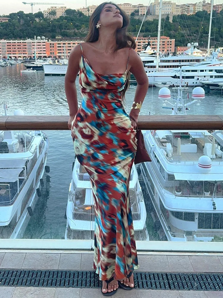 שמלת מקסי סאטן בעיצוב צבעוני - Skylar