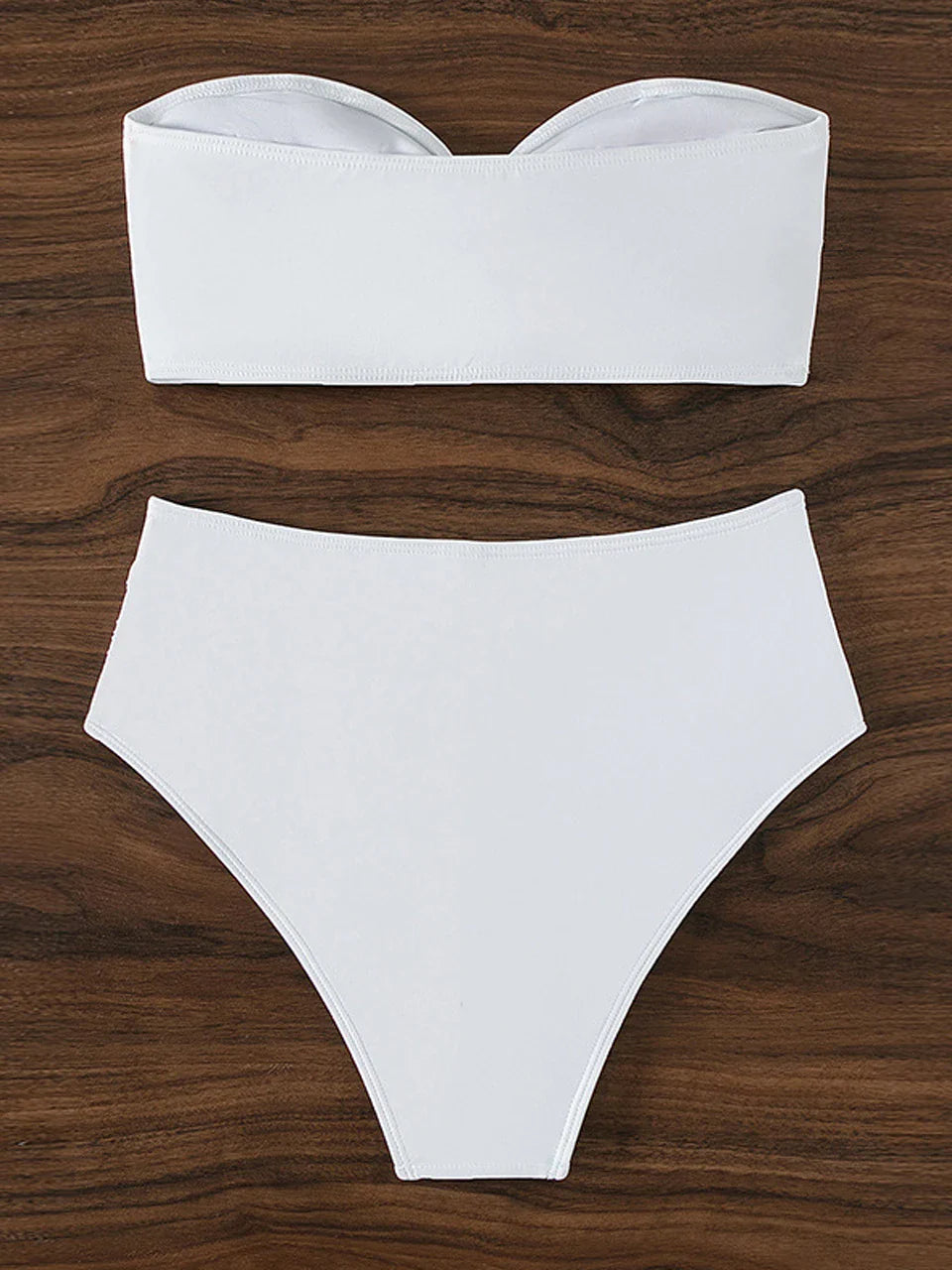 בגד ים ביקיני חזיית סטרפלס בעיטור פרח תחתון מחטב גזרה גבוהה - ונילה