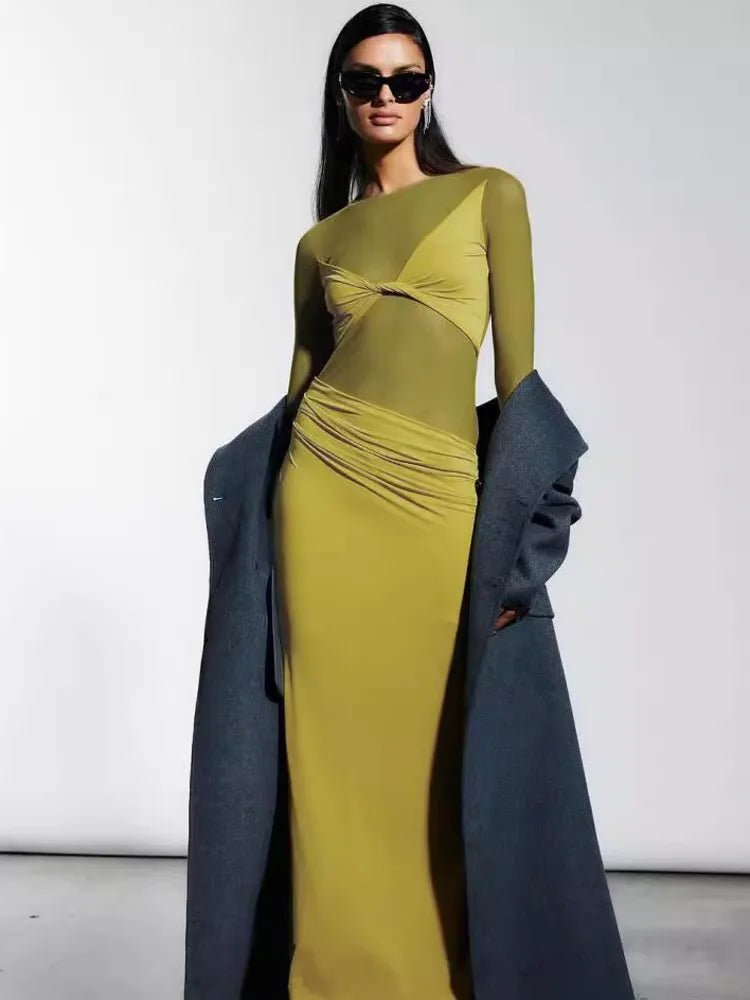 שמלת מקסי בעיצוב קיפולים ורשת - מינה