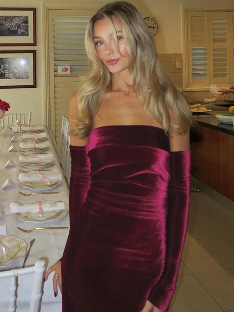 שמלת מקסי סטרפלס קטיפה צמודה  - MICAELLA