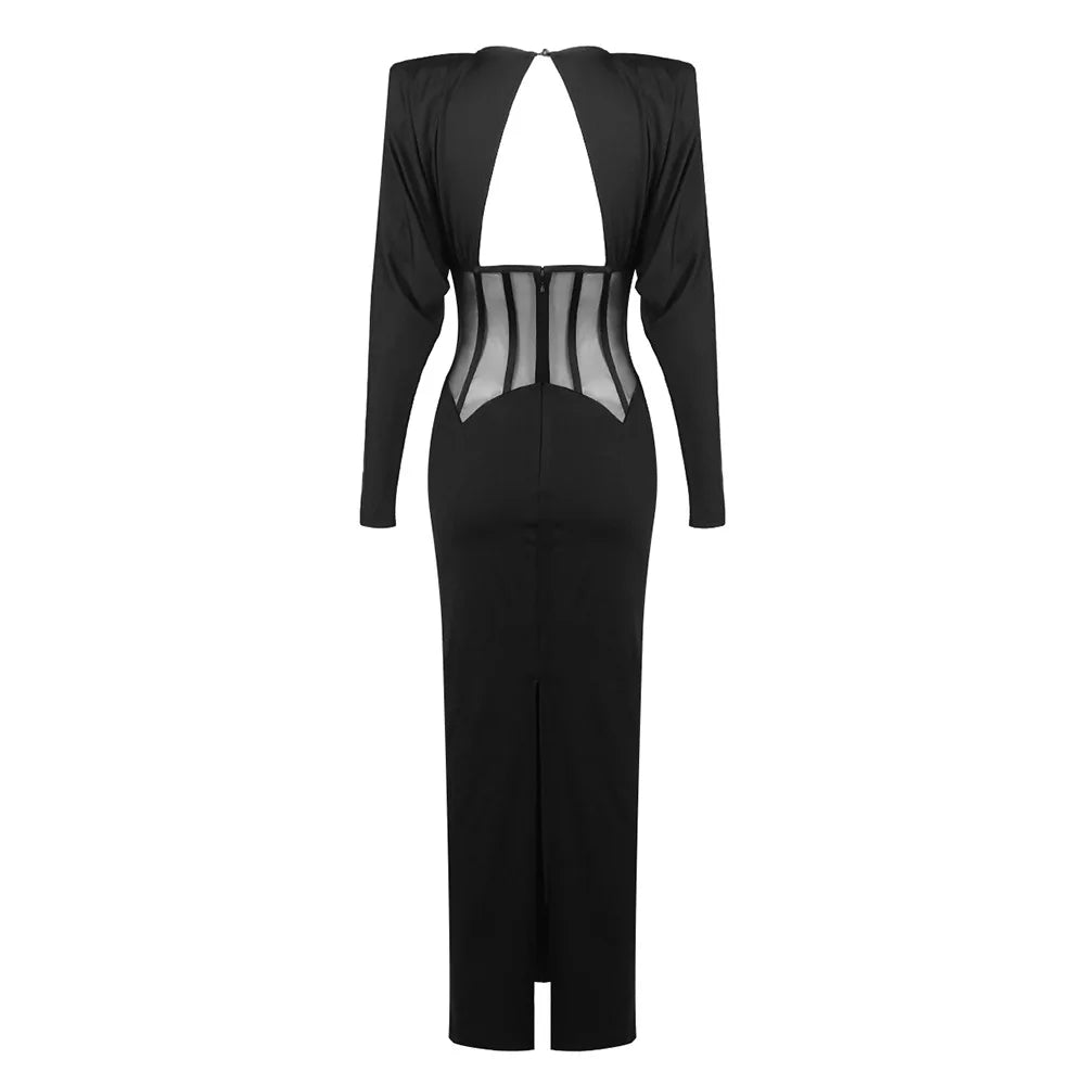 Maxi dress with a slit design and a mesh bodice with a diamond buckle - AMOR