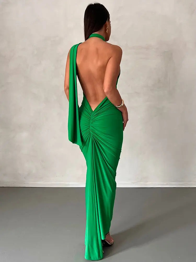 שמלת מקסי גב פתוח צעיף אלגנטי - רוסליה