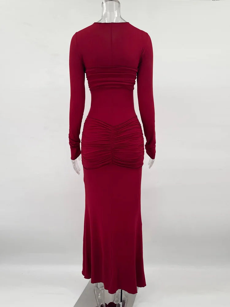 שמלת מקסי צנועה בעיצוב כיווצים וקשירה - נאהב