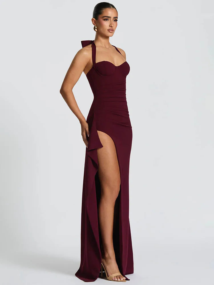 שמלת מקסי אלגנטית בעיצוב שסע קשירה בצוואר - ווין