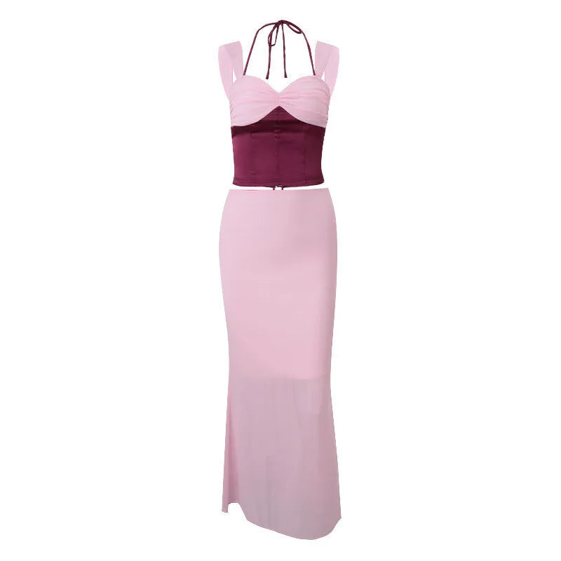 סט שני חלקים חולצה בעיצוב סאטן וחצאית מקסי בעיטור שיפון - מקסימה