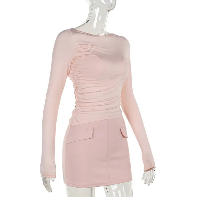 סט 3 חלקים חצאית מיני חולצה וגוזייה צמוד בעיטור כיסים - פרל