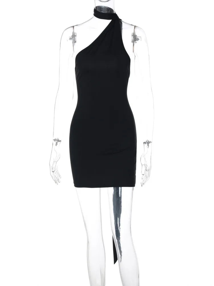 שמלת מיני גב פתוח צווארון אסימטרי בעיטור קשירה בצוואר - ריין