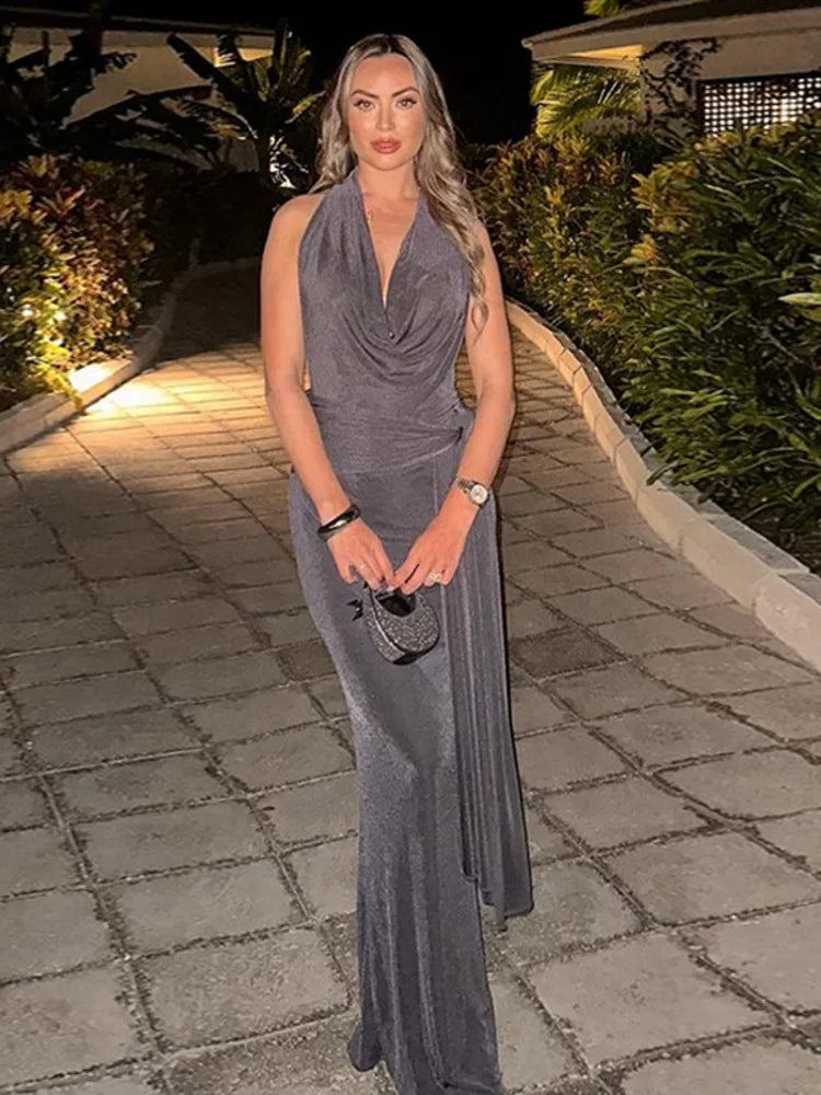 שמלת מקסי זמש סרוגה בעיצוב צווארון נופל גב פתוח בעיטור קשירה - מיכאלה