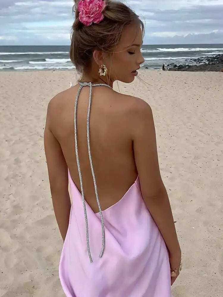 שמלת מיני סאטן בעיצוב חוטי זרקונים מנצנצים לקשירה בצוואר - קולין