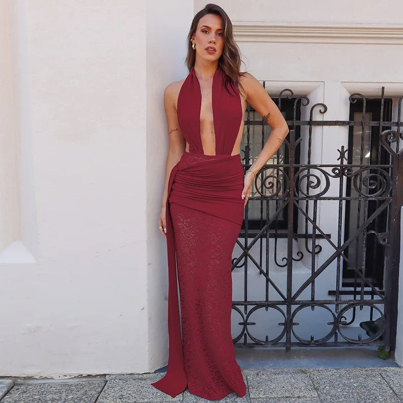 שמלת מקסי כיווצים בעיצוב גב פתוח ומחשוף עמוק בעיטור תחרה ושובל - מריאל