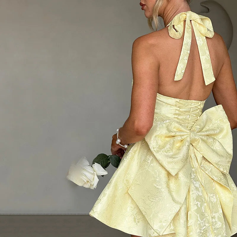 שמלת מיני רקמת איורי פרחים בגזרת A בעיטור פפיון בגב בעיצוב קשירה בגב להצמדה במותן וקשירה בצוואר - Pearl